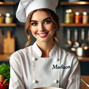 Portrait of Madison, a professional chef, wearing a white chef's uniform and hat, smiling confidently in a modern kitchen. Represents the culinary expertise behind the 'Recipescunning' blog